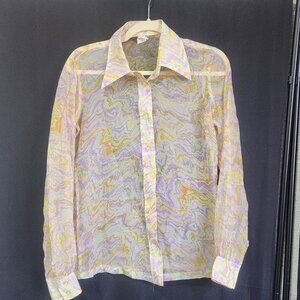Retro 1970s Psychedelic Swirl Print Sheer Blouse Long Sleeve Button Up Top small